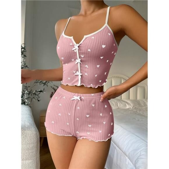 Women's Heart Print Frill Trim Sexy Ribbed Pajama Set, Bow Decor Notched Neck - Picture 4 of 6